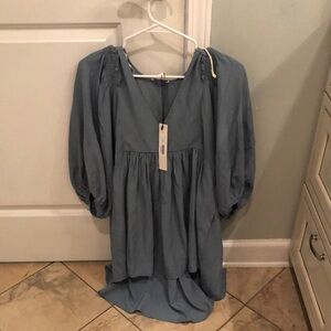 Mustard Seed Blue Sundress with Bishop Sleeves and V-Neck